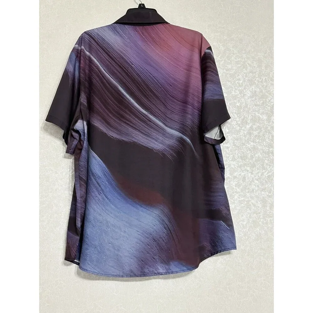 Hawalili Short Sleeve Button Up Blue & Purple Abstract‎ Printed Camp Shirt 2XL